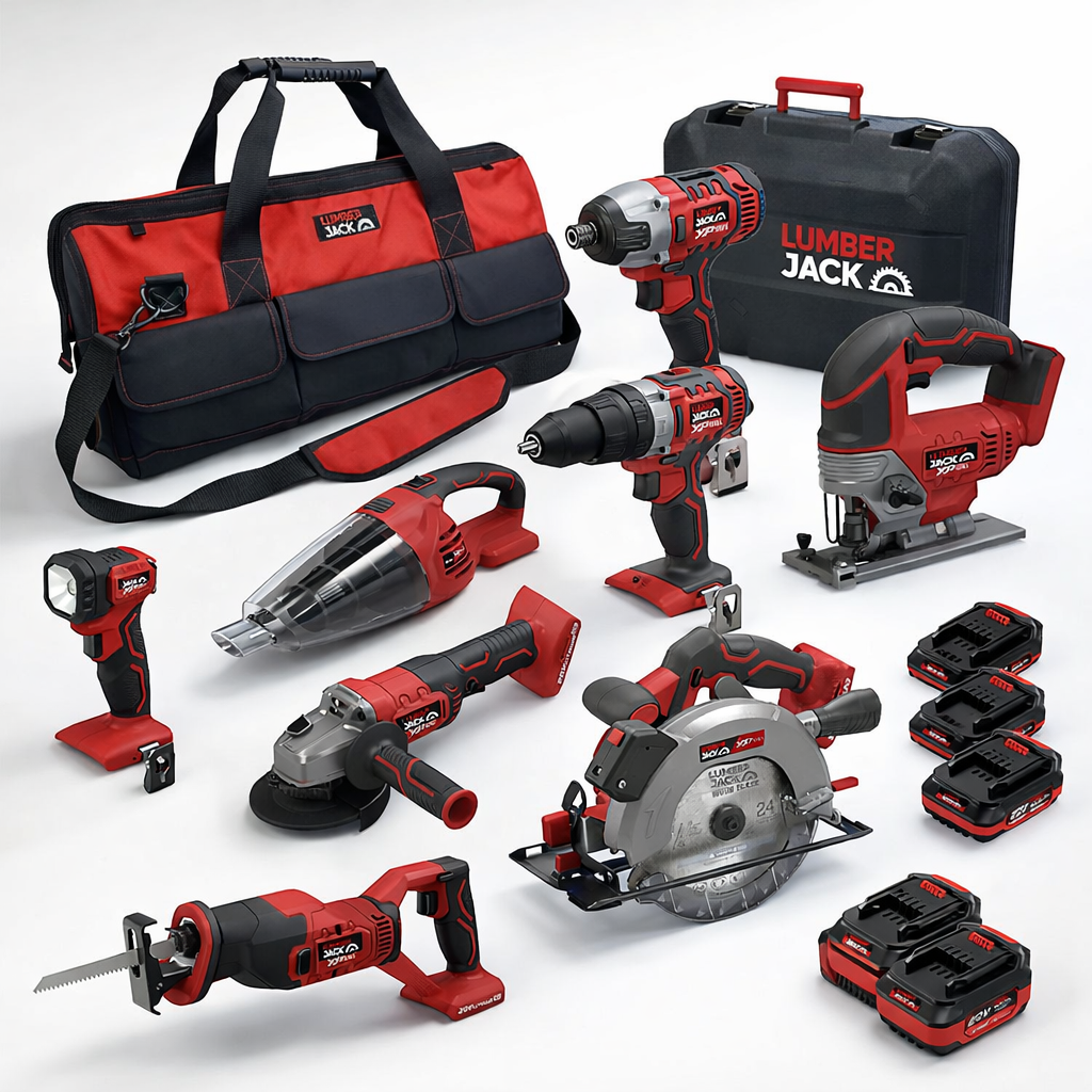 Lumberjack Cordless 20V 8 Piece Power Tool Kit Drill Angle Grinder Jig Saw Circular Saw 4ah Battery & More