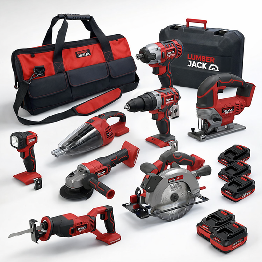 Lumberjack Cordless 20V 8 Piece Power Tool Kit Drill Angle Grinder Jig Saw Circular Saw 4ah Battery & More
