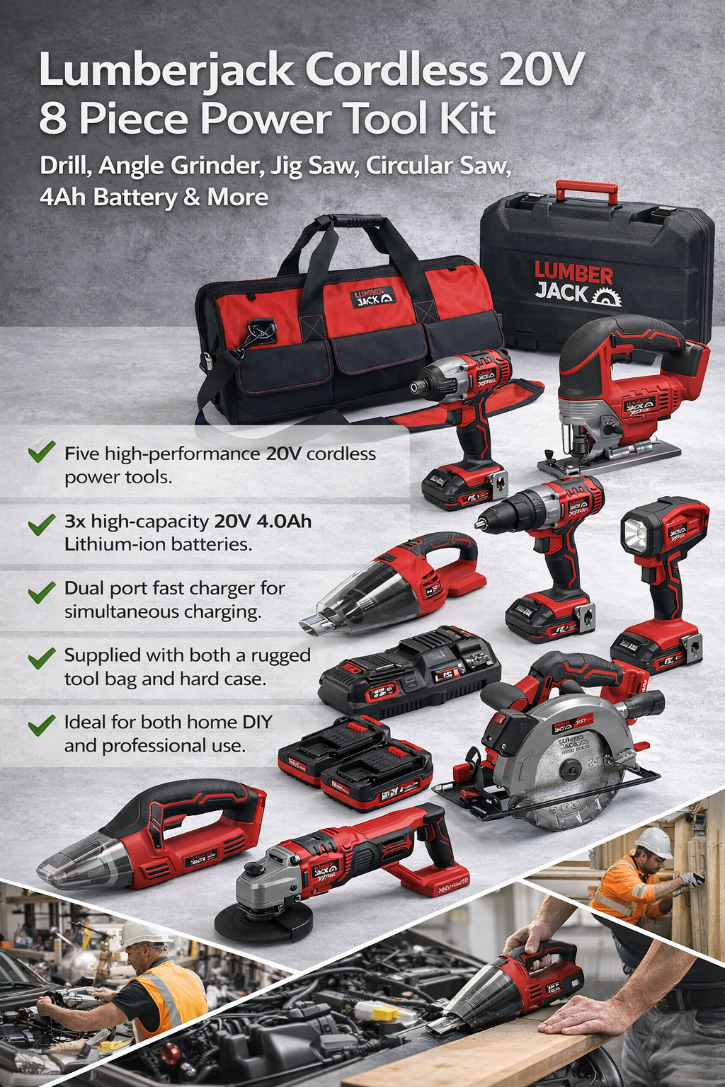 Lumberjack Cordless 20V 8 Piece Power Tool Kit Drill Angle Grinder Jig Saw Circular Saw 4ah Battery & More